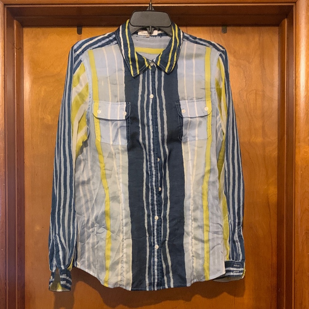 Calvin Klein Size L Blue Paint Stripe Button Down top